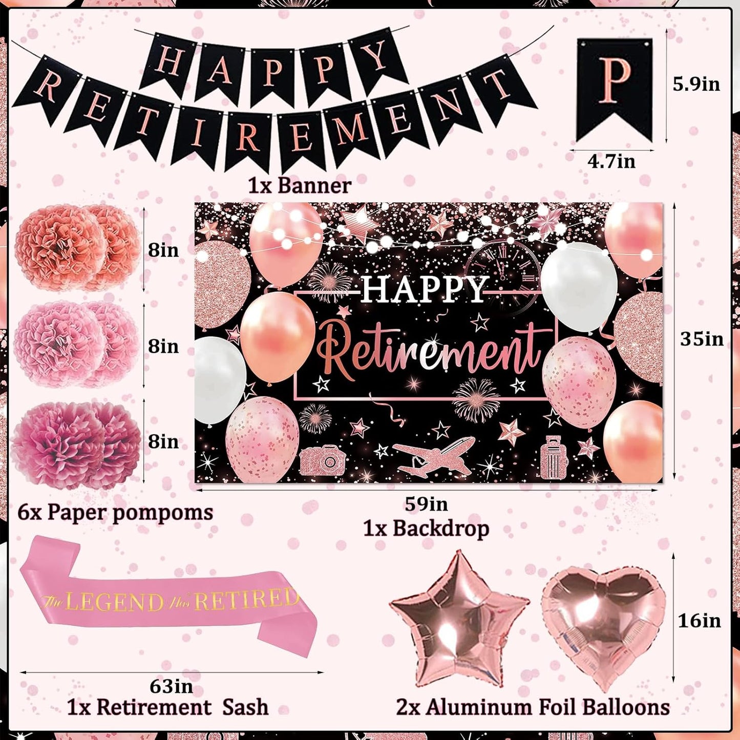 Retirement Party Decorations Women Rose Gold Happy Retire Decorations Happy Retired Banner Backdrop Honeycomb Centerpiece Sash Greeting Card Hanging Swirls Retirements Party Supplies
