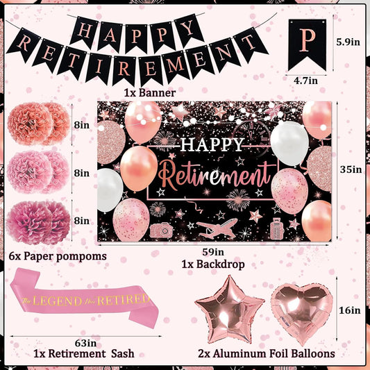 Retirement Party Decorations Women Rose Gold Happy Retire Decorations Happy Retired Banner Backdrop Honeycomb Centerpiece Sash Greeting Card Hanging Swirls Retirements Party Supplies