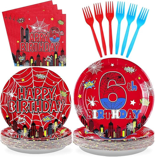 Grencian 96Pcs Halloween Cartoon Spider Birthday Party Decorations Red Blue Spider Birthday Party Plates Disposable Super Theme Paper Tableware Set for Spider Decorations Serves 24