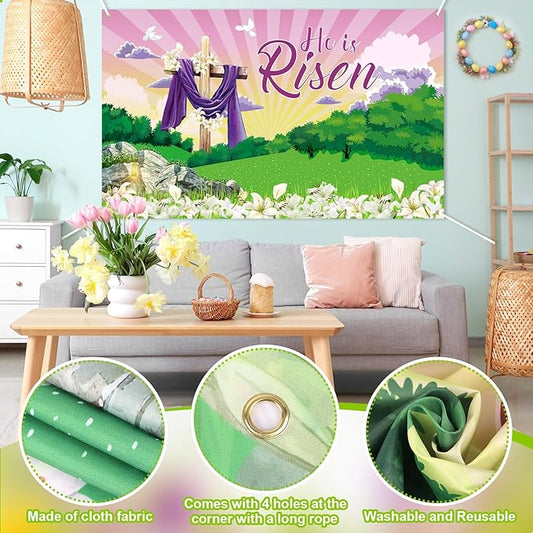 Large He is Risen Easter Banner Decorations Flag Outdoor 72x44 Inch, Cross Sign Christian Jesus Lily Flowers Banner for Indoor Home House Decor Party Supplies, Spring Yard Sign Background for Photography