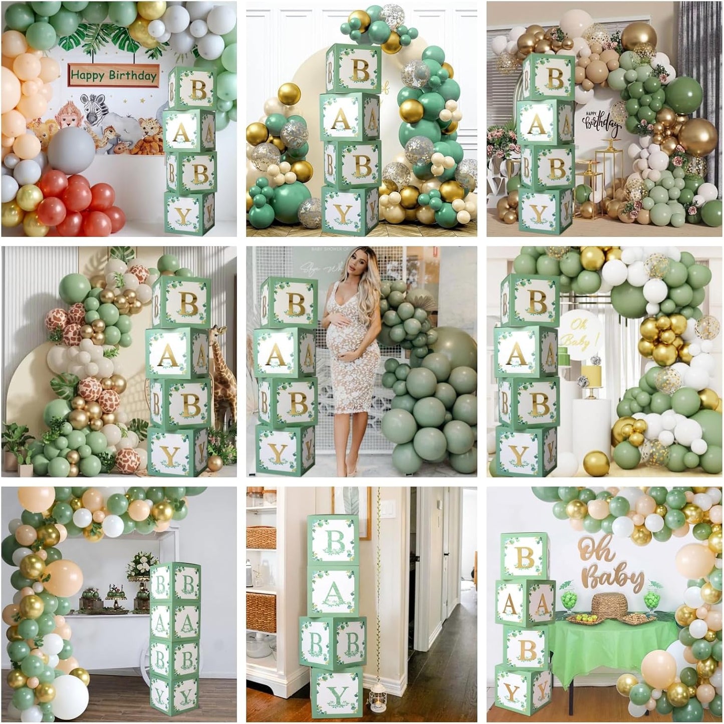 Sage Green Baby Boxes with Letters for Baby Shower - 4 Pcs BABY Balloon Party Boxes Blocks for Boy Girl Birthday Party Favors,Gender Reveal ,Safari Baby Shower Decorations