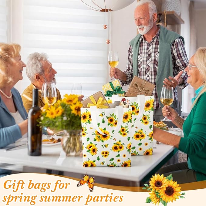 Supervitae 24 Pack Sunflower Theme Gift Bags Medium Goodie Floral Party Favor Bags Reusable Non Woven Totes for Birthday Wedding Baby Shower Party Family Holiday Travel(9.8" x 7.9" x 3.9")