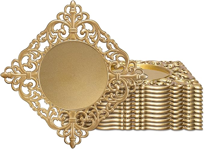 JEVERGN 12 Pack Gold Charger Plates, 12" Square Chargers for Dinner Plates, Gold Plate Chargers with Embossed Rims, Plastic Charger for Wedding, Party Event, Dinner, Table Setting
