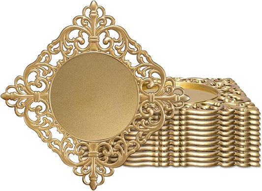 JEVERGN 12 Pack Gold Charger Plates, 12" Square Chargers for Dinner Plates, Gold Plate Chargers with Embossed Rims, Plastic Charger for Wedding, Party Event, Dinner, Table Setting