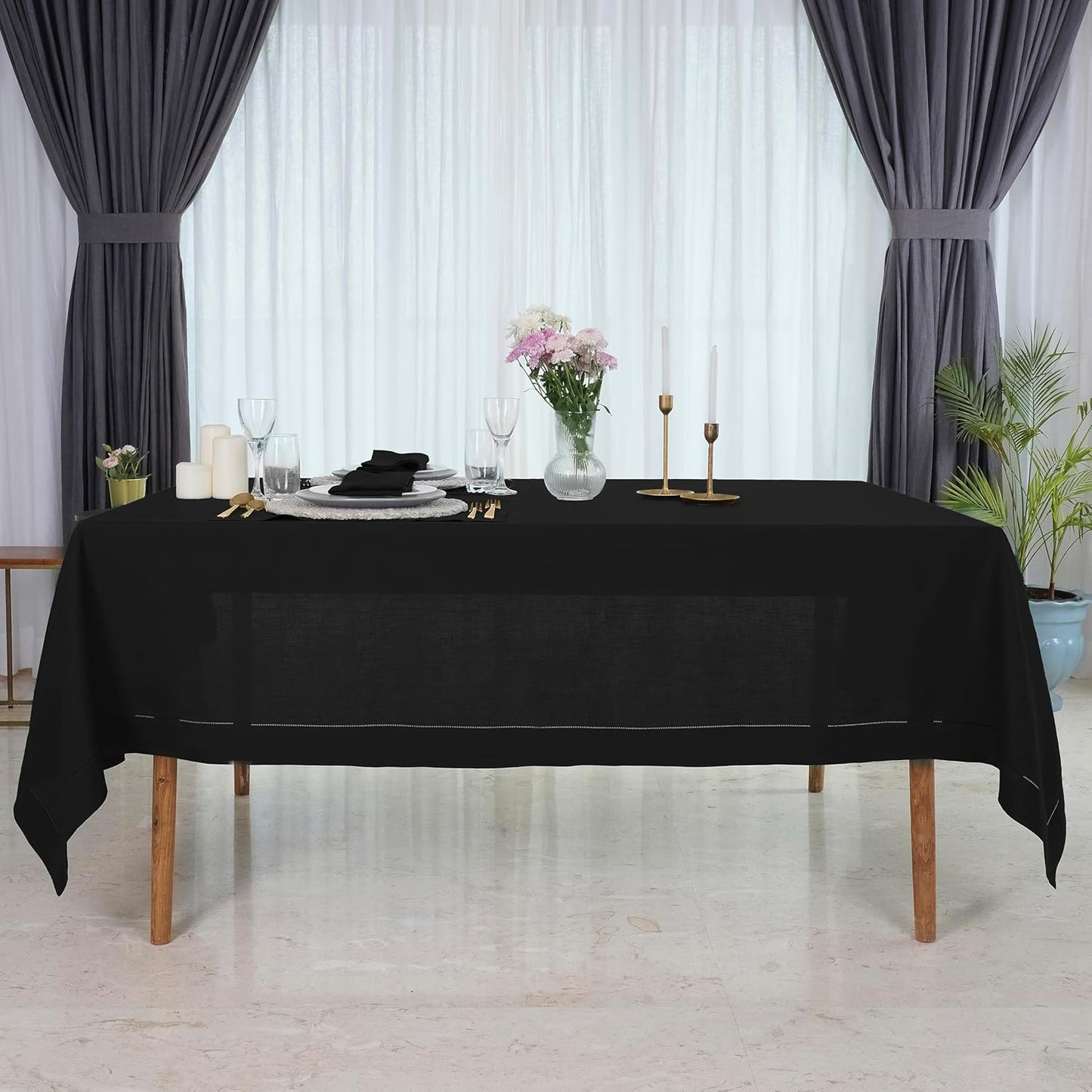 D'Moksha Homes Black Linen Tablecloth for Rectangle Tables 60 x 132 Inch - 100% Pure Linen Black Table Cloth - Classic Hemstitch, Machine Washable Dining Tablecloth for Fall, Autumn and Halloween
