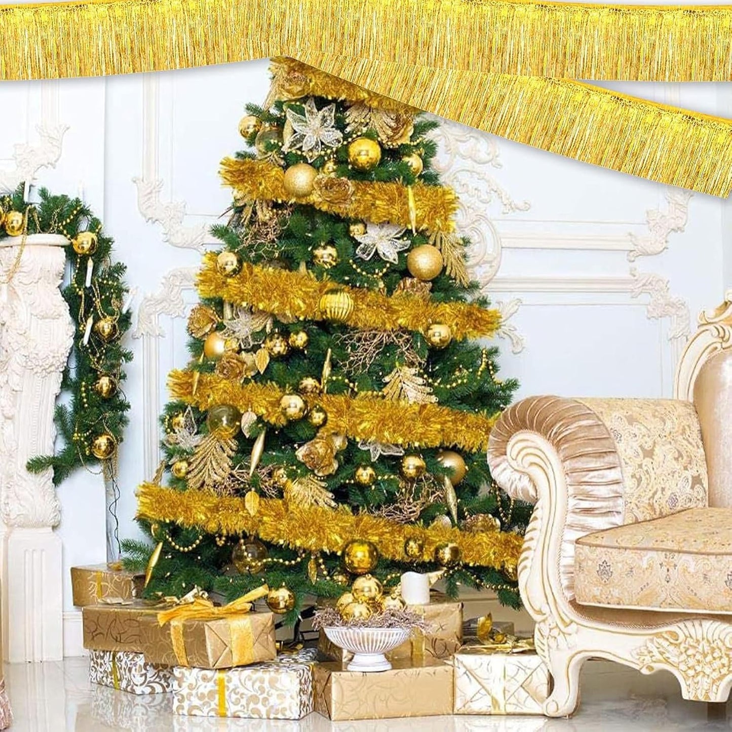 6 Packs 10 Feet Foil Fringe Garland Metallic Foil Tinsel Fringe Garland Wall Hanging Fringe Banner for Parade Floats, Wedding, Christmas，Birthday Party Halloween Decor (Gold)