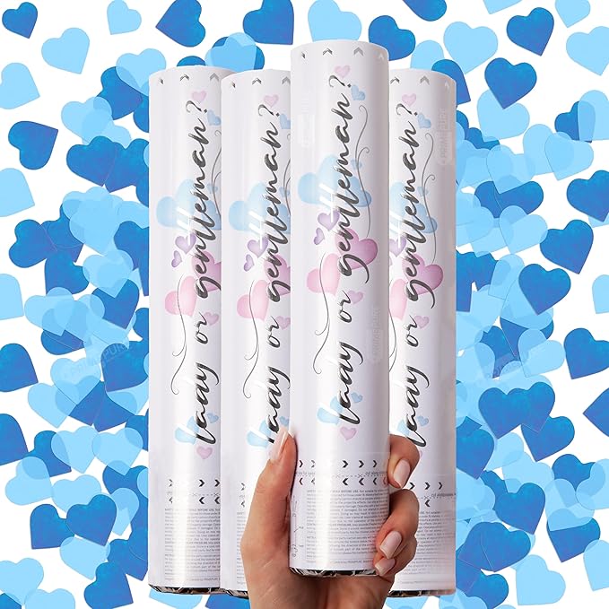 PrimePure Gender Reveal Confetti Cannon - Biodegradable Heart Shaped Confetti Poppers - Blue, 4 Pack - Baby Boy Gender Reveal Party Poppers - Blue Paper Baby Party Supplies Pop Gun