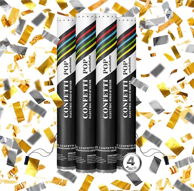 Electric Confetti Cannon Cartridges, 4pcs. - 16" Gold & Silver Confetti Poppers for Weddings, Parties, Events | Requires 2-shot/4-shot Machine to Activate