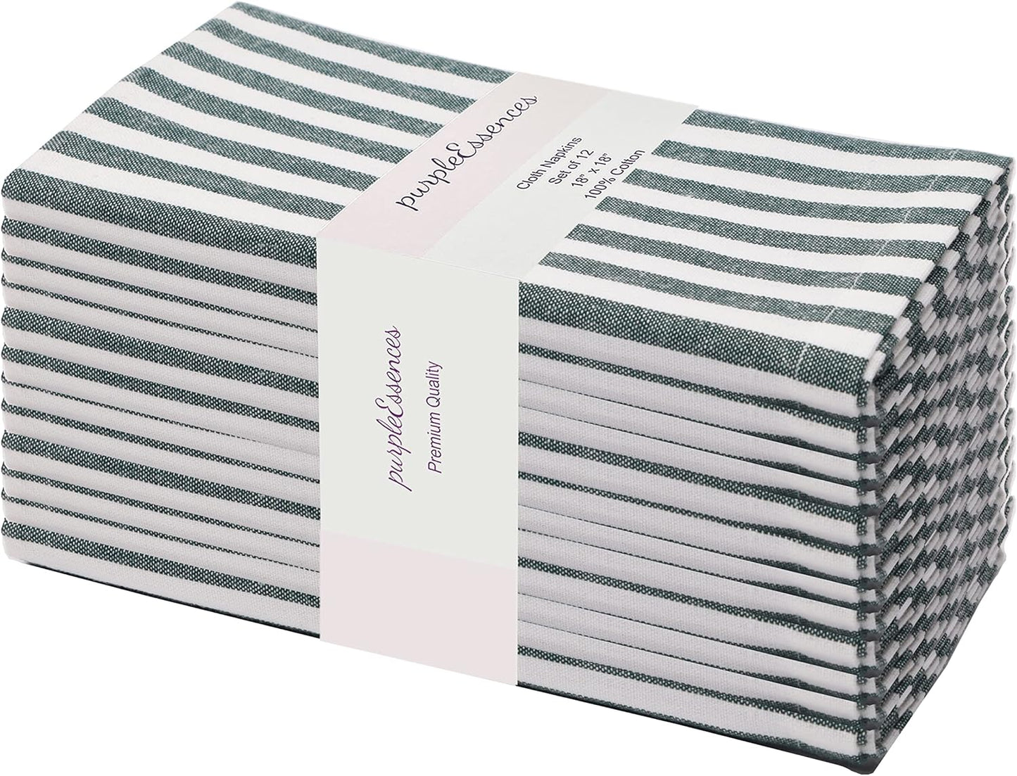 PurpleEssences Plain Striped Cloth Napkins - Set of 12-100% Cotton - 18 x 18 Inch - Fall Thanksgiving - Perfect Everyday Use Dinner Napkin - Forest Green and White