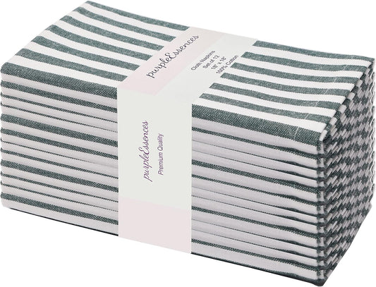 PurpleEssences Plain Striped Cloth Napkins - Set of 12-100% Cotton - 18 x 18 Inch - Fall Thanksgiving - Perfect Everyday Use Dinner Napkin - Forest Green and White