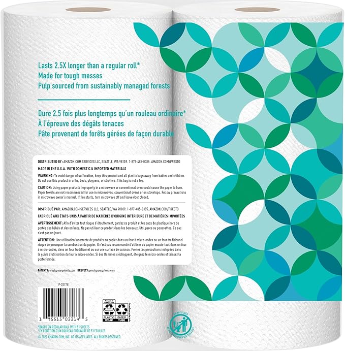 Amazon Brand - Presto! Kitchen Paper Towels - Flex-a-Size, 128 Sheet Family Roll, 6 Rolls (3 Packs of 2), White