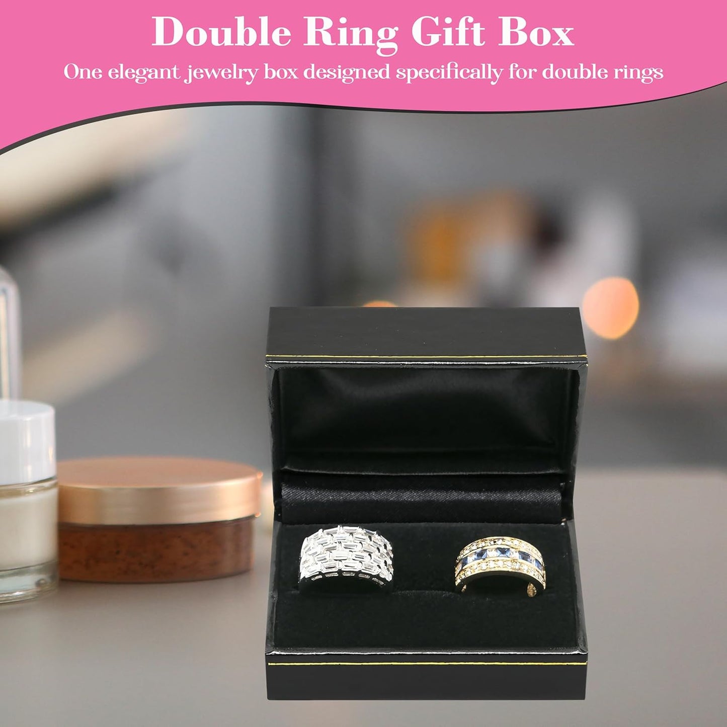 Novel Box Black Jewelry Box for Double Rings 3x2x1.5 Inches - Ring Gift Boxes with Gold Trim - Faux Leatherette Double Rings Storage Case - Gift Presentation Cases for Ring Only