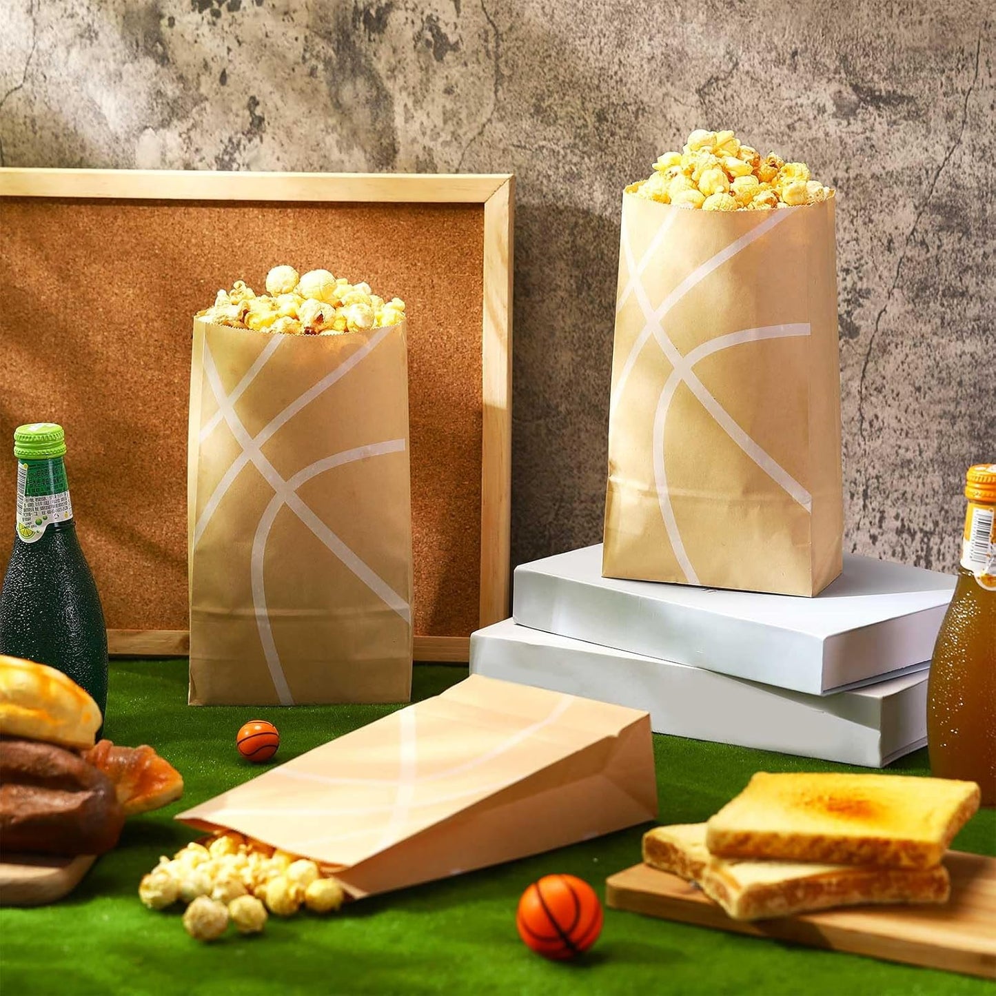 100 Pcs Basketball Popcorn Bags Large Brown Kraft Papers Disposable Basketball Theme Candy Treat Bags for Sports Party Birthday Supplies