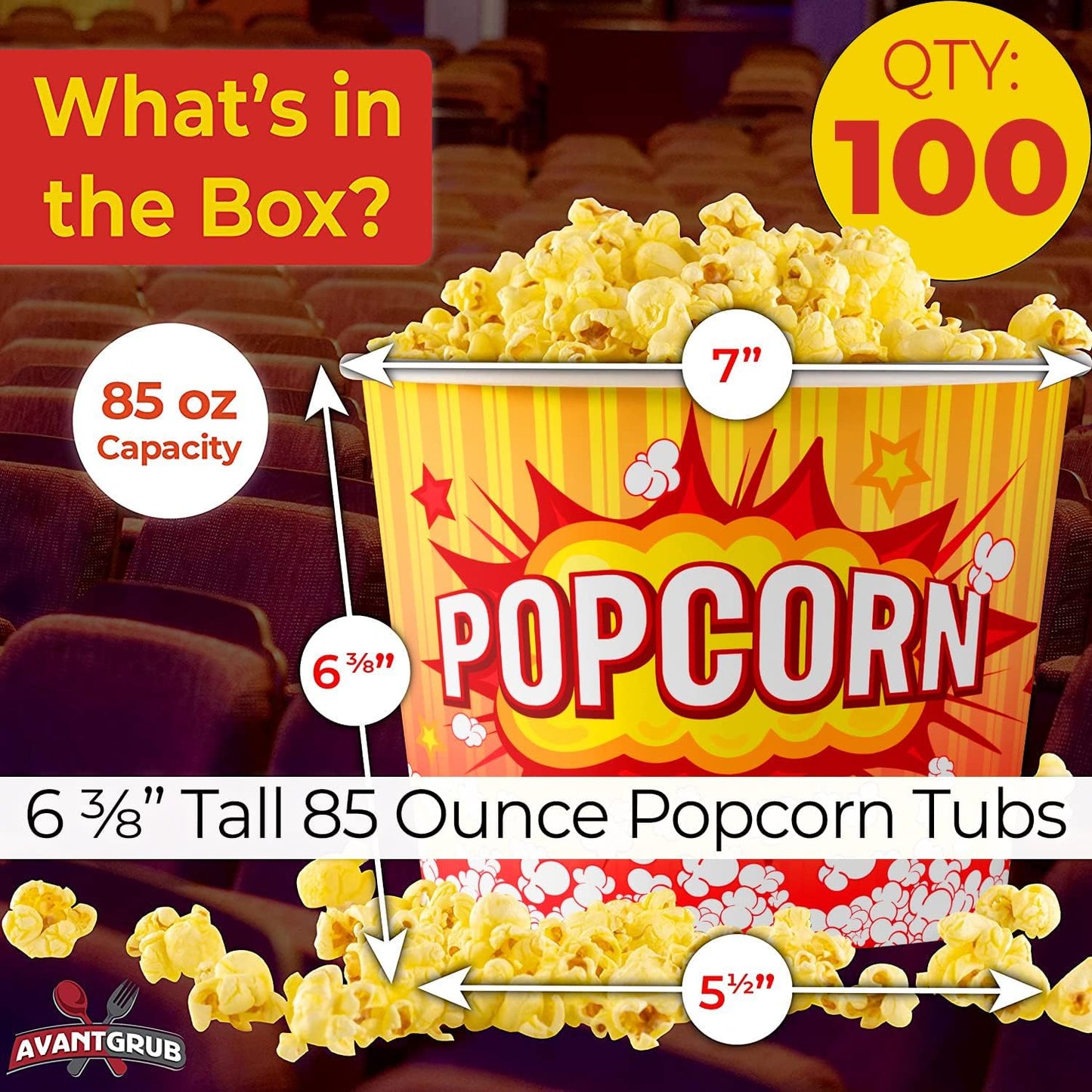 Greaseproof, Retro 85oz Popcorn Buckets 100 Pack. Reusable and Durable Pop Corn Tubs in Red Yellow. Large Disposable Containers Perfect For Movie Night, Theme Party, Theater, Carnivals & Fundraisers