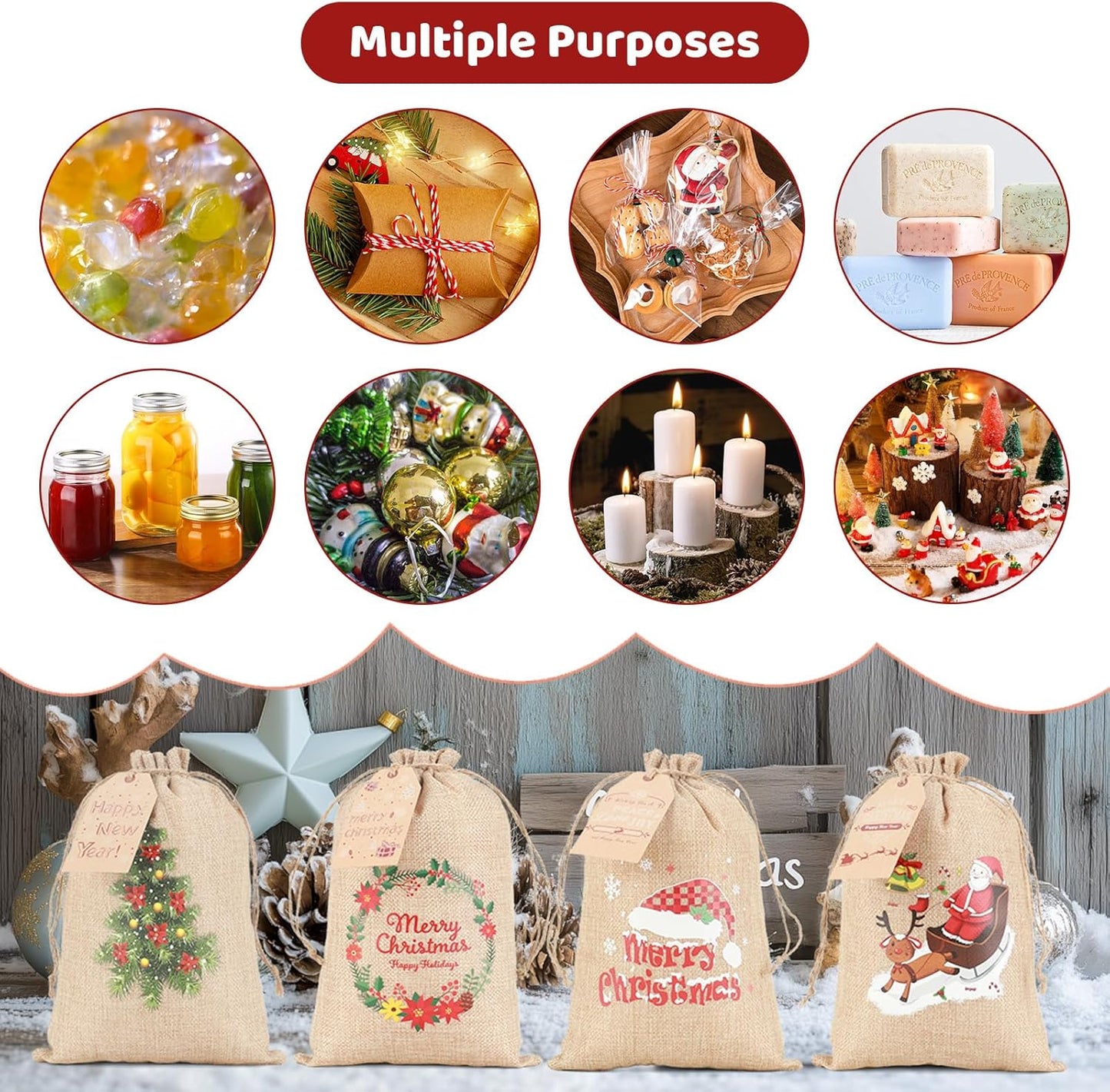 Tapleap Burlap Coth Christmas Bags with Drawstring, 7x10 Inches (Lot of 40) with Tags, String, for Wrapping Christmas Party Favors or Gifts for Coworkers, Classmates, and Friends