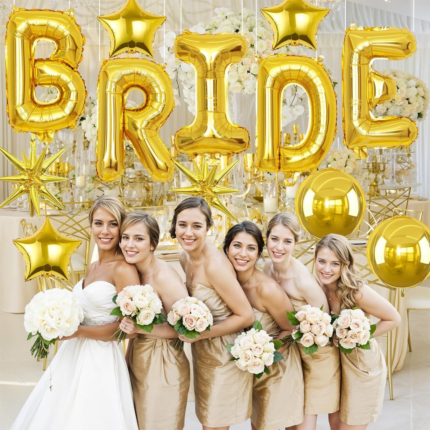 Gold Bride Balloons Bachelorette Party Decorations, 32in Gold Giant Bride Balloons with 4D Disco Ball Balloon and Star Foil Balloon for Bridal Shower Wedding Engagement Party Supplies