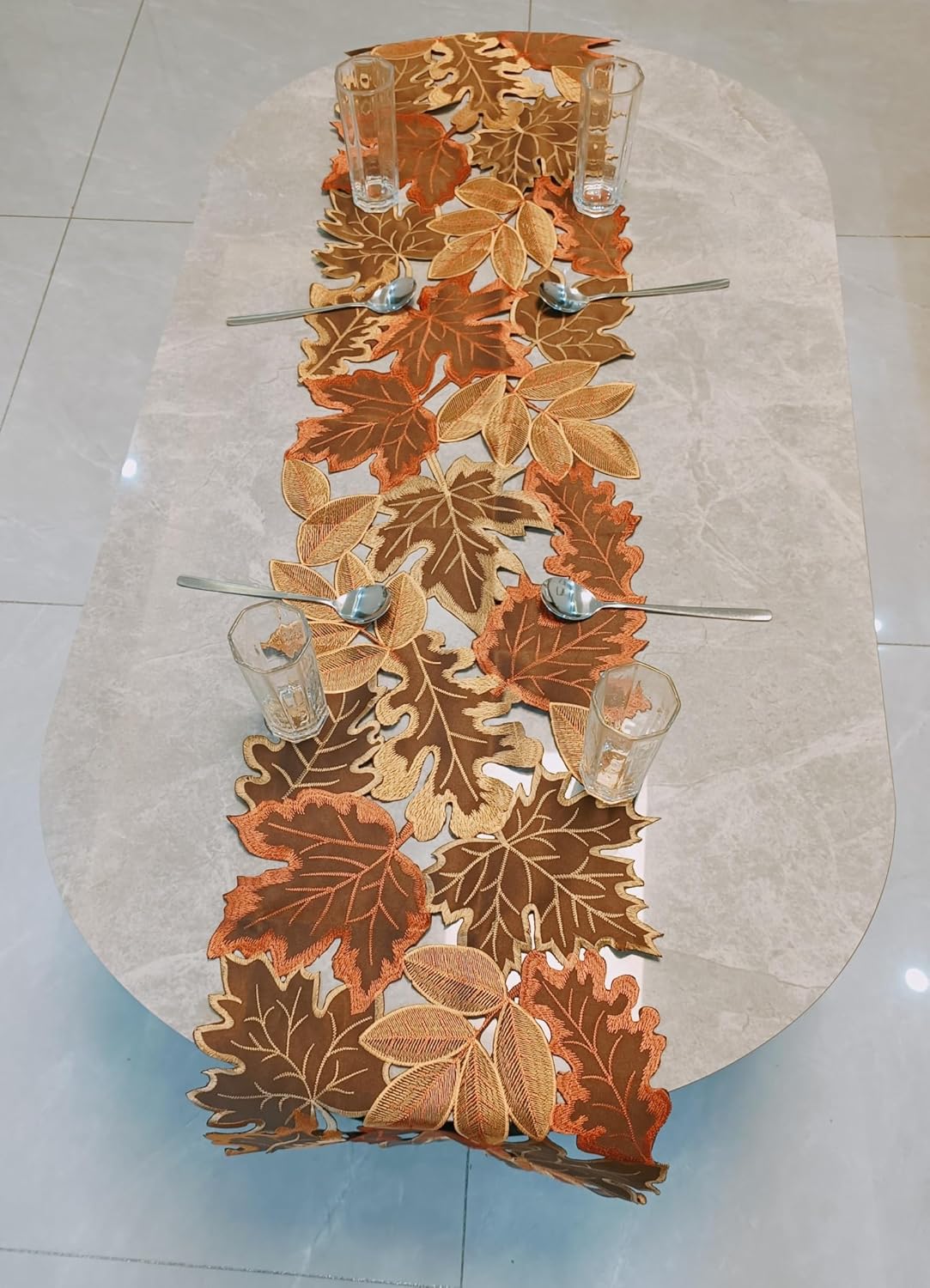 Fall Leaf Embroidered Table Runner 54 Inches for Thanksgiving and Autumn Harvest Decoration (16''x54'', Coffee Colored Maple Leaves)