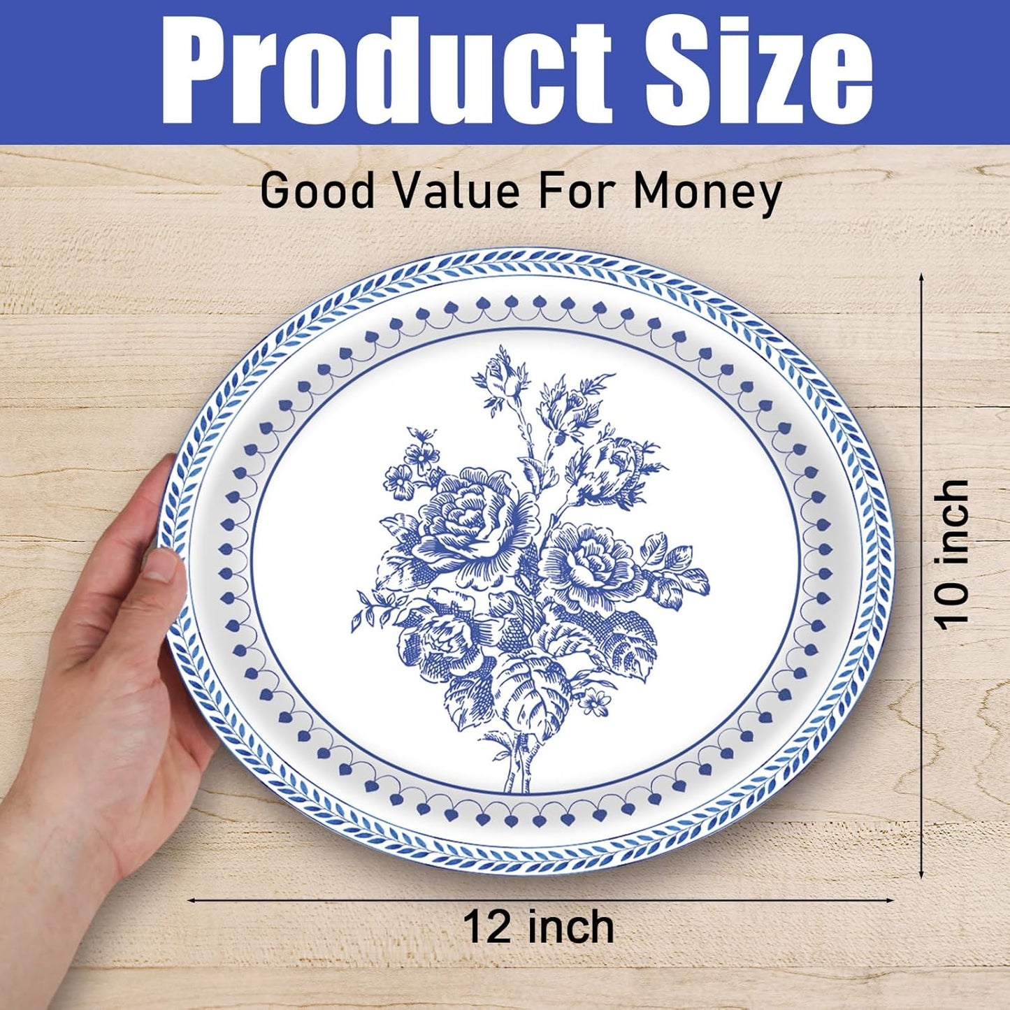 50Pcs Blue Floral Oval Plates 10"x 12", Large Disposable Paper Plates, Heavy Duty Flower Plate Tableware for Family Gathering, Dinner Time, Birthday, Wedding, Holiday Party Supplies