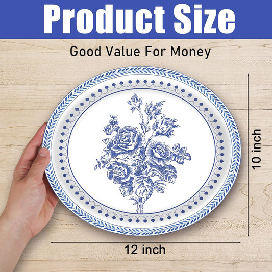 50Pcs Blue Floral Oval Plates 10"x 12", Large Disposable Paper Plates, Heavy Duty Flower Plate Tableware for Family Gathering, Dinner Time, Birthday, Wedding, Holiday Party Supplies