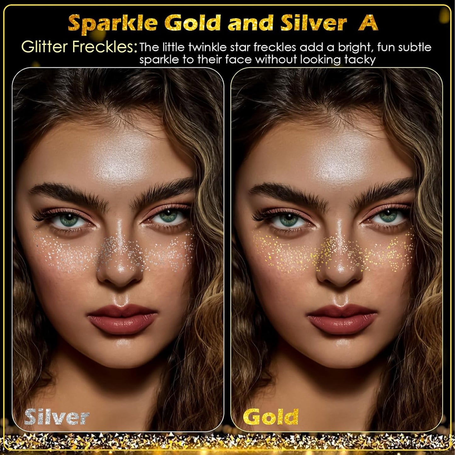 24pcs Gold and Silver Glitter Freckles Face Tattoo, Sparkle Freckles Temporary Face Tattoos, Body Face Glitter Makeup Patches Speckles, Waterproof Long Lasting Makeup Accessories for Women Girls