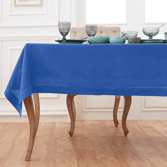 Solino Home Linen Tablecloth for Rectangle Tables 60 x 120 Inch - Classic Hemstitch 100% Pure Linen Royal Blue Table Cloth - Machine Washable Cloth Tablecloth