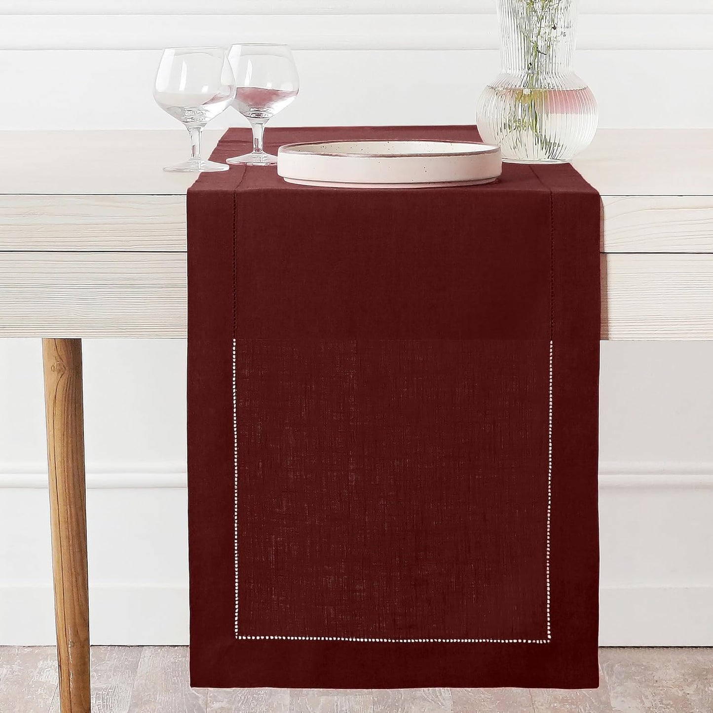 D'Moksha Homes Linen Dark Red Table Runner 90 Inches Long - Classic Hemstitch 100% Pure Linen Dining Table Runner 14 x 90 Inch for Fall, Autumn and Halloween