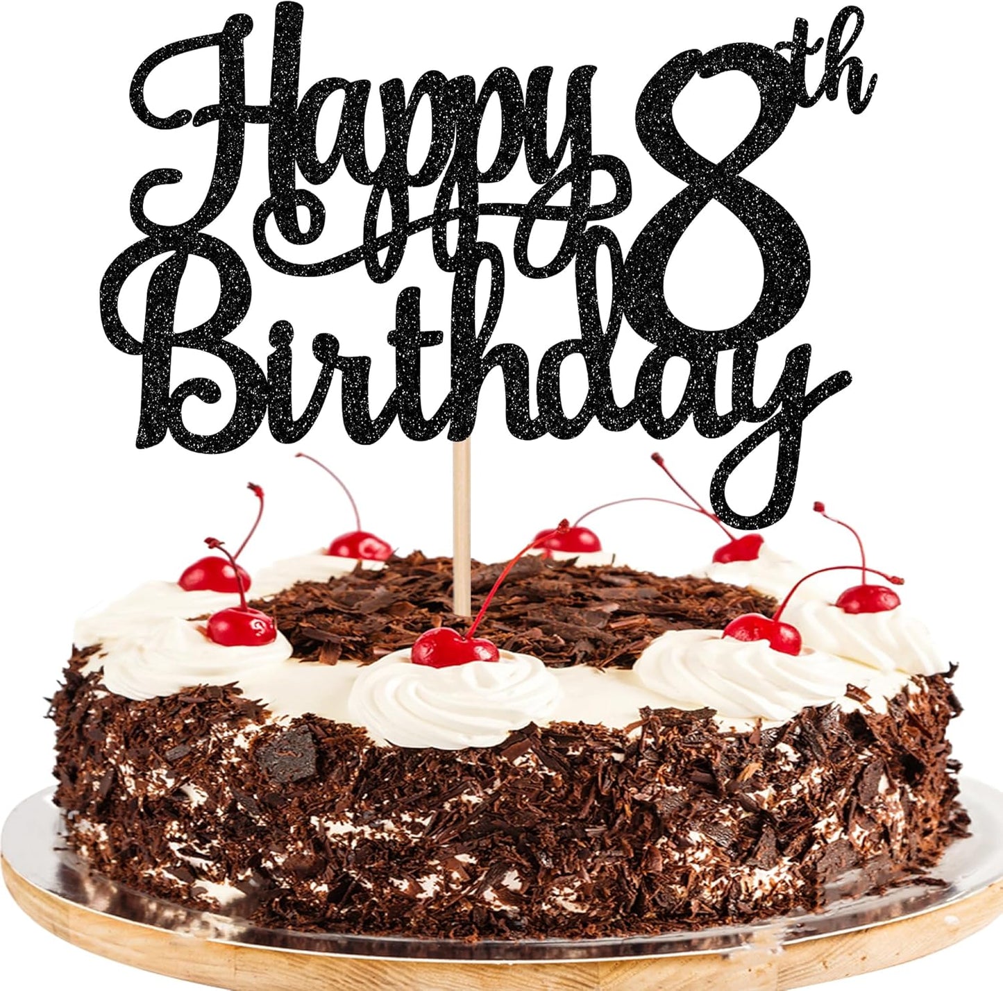 1 PCS Happy 8th Birthday Cake Topper Glitter Cheers to 8 Years Cake Pick Number 8 Fabulous Cake Decoration for 8th Birthday Theme Party Decorations Supplies Black