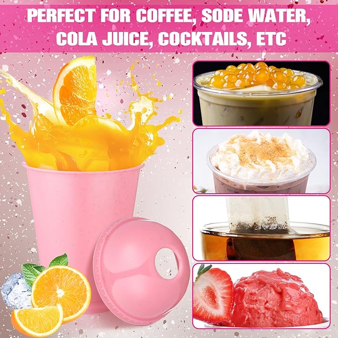 6 Set Slushie Cups with Dome Lids and Straws Detachable Spoon Straws Reusable Plastic Iced Coffee Cups Smoothie Tumbler for Birthdays Summer Party Supplies(Pastel Pink,16 oz)