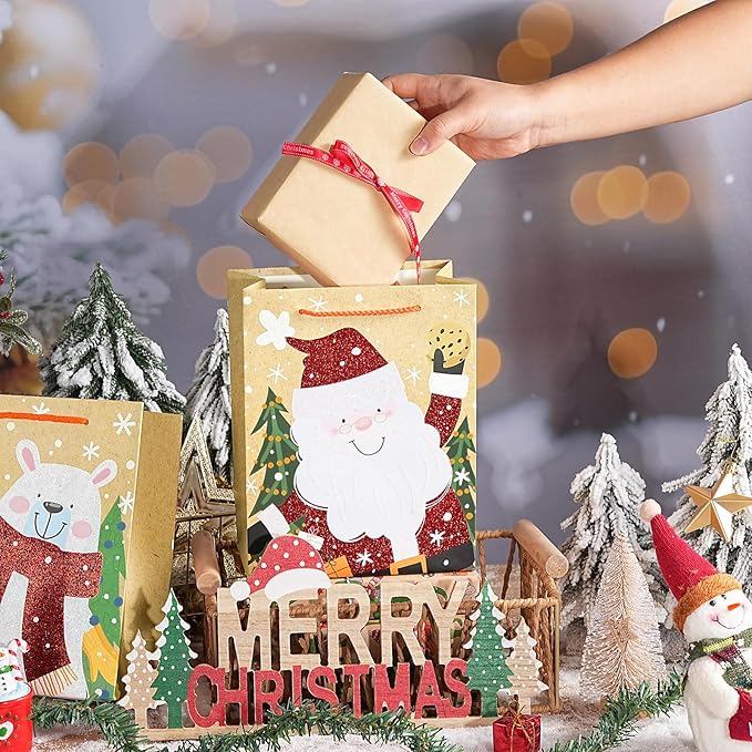 Loveinside Christmas Gift Bags Set, Glitter Foil Santa, Penguin, Snowman & Polar Bear Design, Medium Size Bags with Handle, Tissue Paper for Christmas Gifts & Party Favors, 4 Pack, 7" X 4" X 9"
