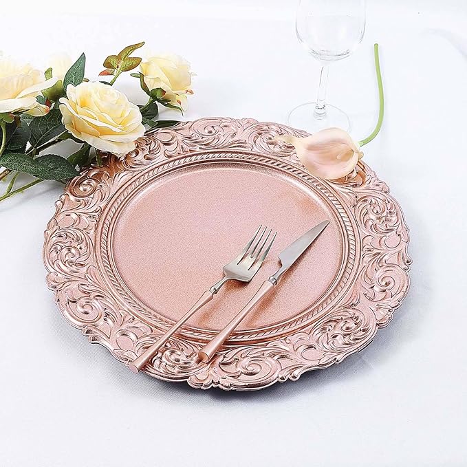 Efavormart Set of 6 ROSE GOLD 14" Round Plastic Charger Plates With Engraved Baroque Design Rim For Wedding Party Events