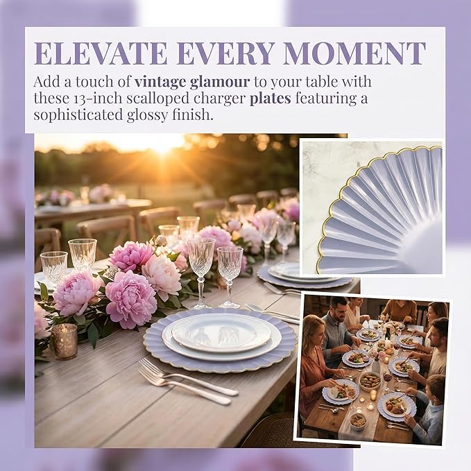 Grey Glossy Shagreen Charger Plates, 13 Inch Plastic Round Dinner Charger Plates for Wedding Party, Tabletop Decor. (Set of 6)