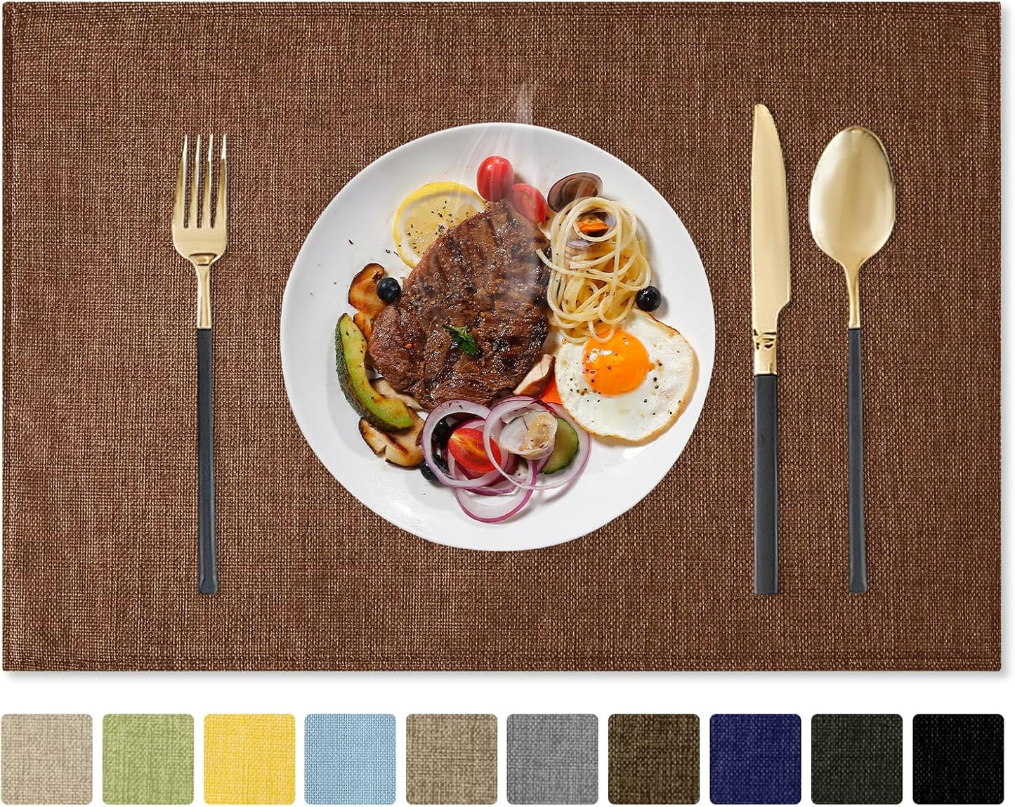 Romanstile Cloth Placemats Set of 8-12 x 18 Inch, Heat Resistant Double Layered Thickened Burlap Place Mats, Washable Linen Farmhouse Table Mats for Kitchen/Dining/Party/Outdoor, Dark Brown