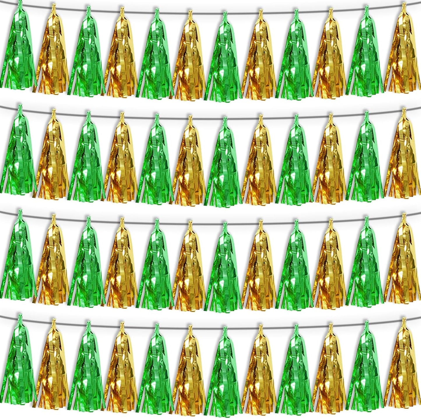 4P Sage-Green Gold Tassel Banner Garland Metallic Foil Fringe Banner Tinsel Tassels Streamer Banner Backdrop for Parade Floats, Graduation Decorations, Woodland Party Decoration