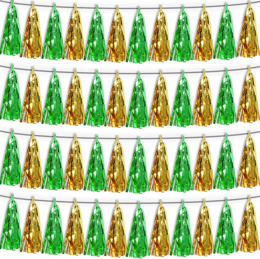 4P Sage-Green Gold Tassel Banner Garland Metallic Foil Fringe Banner Tinsel Tassels Streamer Banner Backdrop for Parade Floats, Graduation Decorations, Woodland Party Decoration