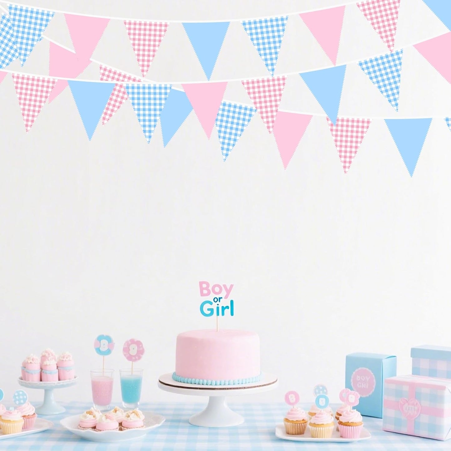 32Ft Pink Blue Gingham Party Decorations Blue Pink Gingham Fabric Triangle Banner Flag Plaid Pennant Garland Streamer for Gender Reveal Birthday Boy or Girl Baby Shower He or She Party Decor Supplies