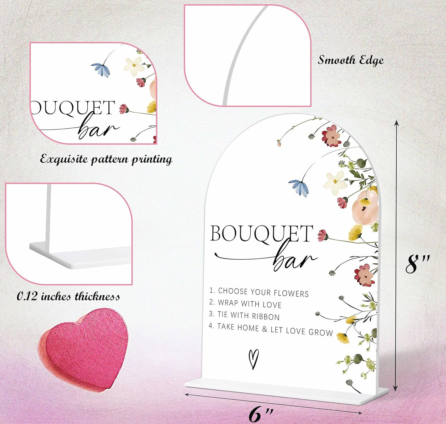 Bouquet Bar Sign, Flower Style Bridal Shower Sign for Wedding, Engagement, Bridal Shower and Reception, Bridal Shower Decorations, Wedding Shower Favors, 6X8 Inch Acrylic Arch Sign with Stand,29