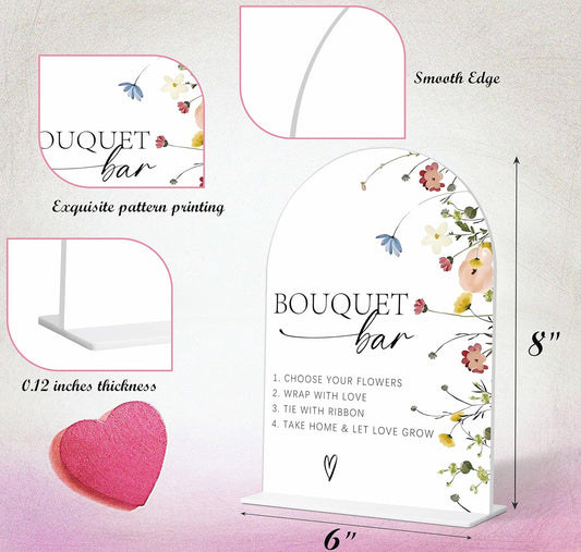 Bouquet Bar Sign, Flower Style Bridal Shower Sign for Wedding, Engagement, Bridal Shower and Reception, Bridal Shower Decorations, Wedding Shower Favors, 6X8 Inch Acrylic Arch Sign with Stand,29