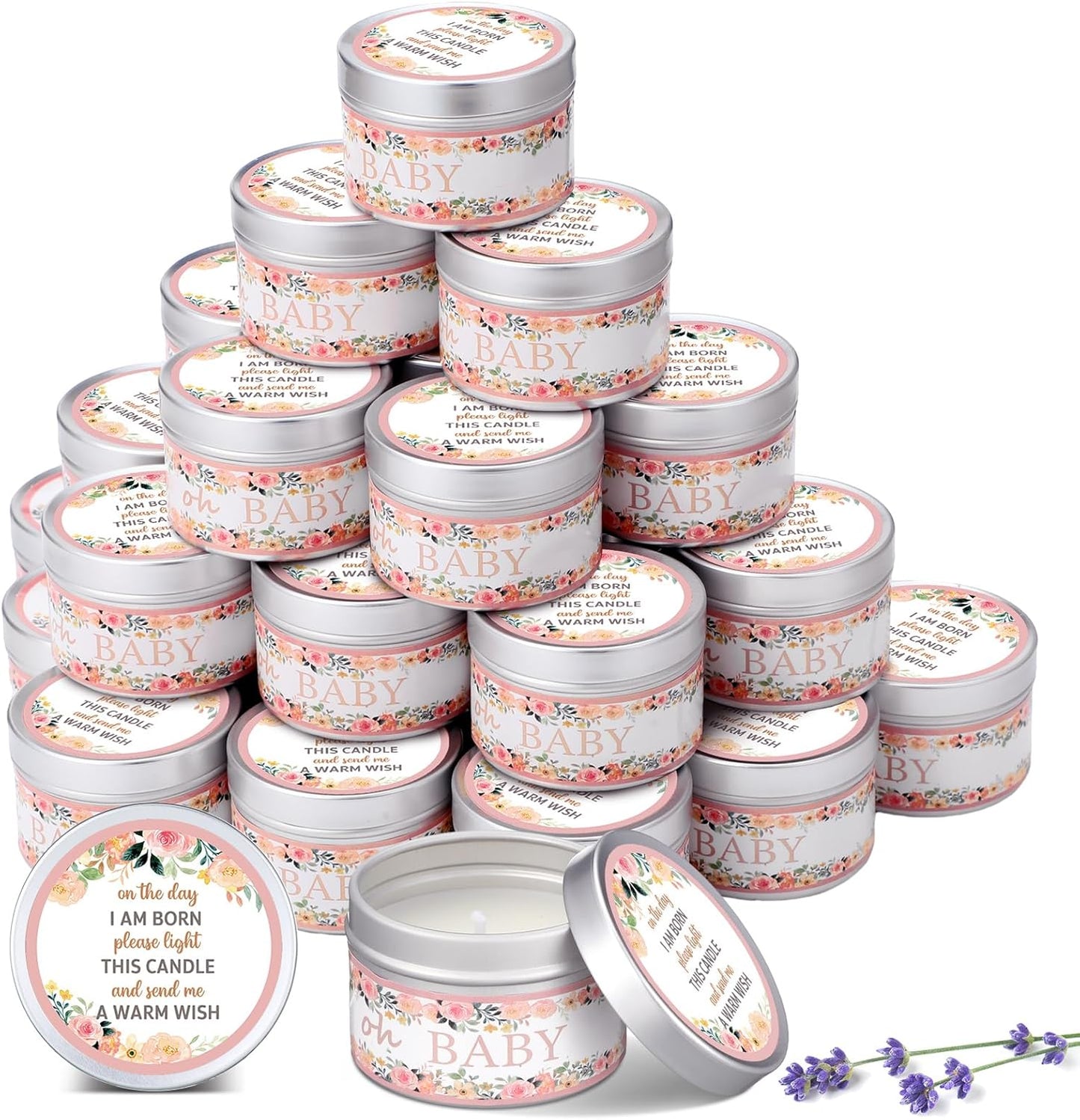 MTLEE 24 Pcs Flowers Baby Shower Party Favors Candles Lavender Scented Baby Shower Favors for Guests Rustic Tealights Candles Gender Reveal Return Gifts Girl Boy(1.2 Oz, Pink)
