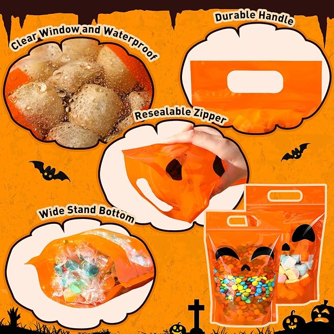 Blosssound 50 Pcs Halloween Plastic Bags Trick or Treat Sealed Bags with Handles Pumpkin Favor Pouches for Home Trick or Treat Party Candy Guests Gift Wrapping Supplies Decor (Halloween)
