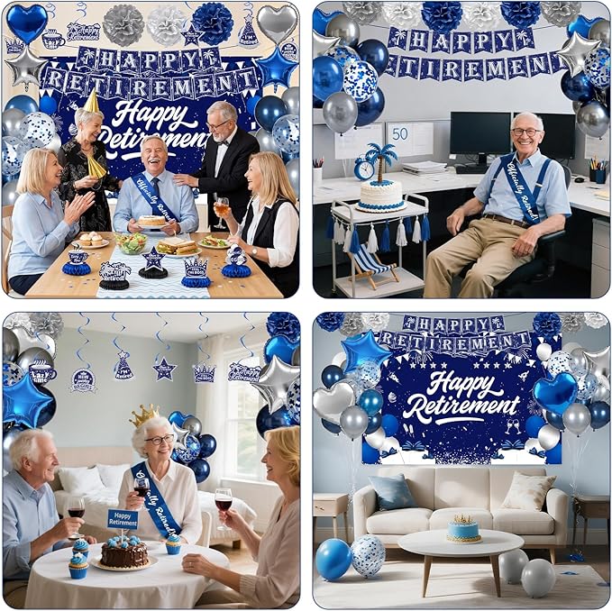 Retirement Party Decorations, Blue Silver Happy Retirement Decorations for Women Men Happy Banner & Backdrop Hanging Swirls Foil Balloon Retire Sash Paper PomPoms and Honeycomb Centerpieces