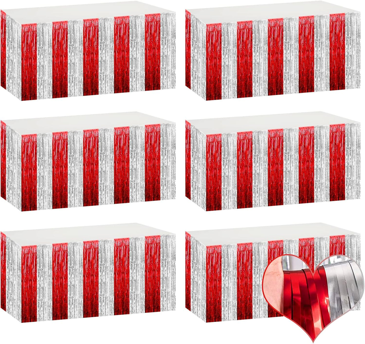 6 Pack 29x108 Inch Metallic Foil Fringe Table Skirts Banner for Tinsel Streamer Garland Curtains Backdrop for Parade Floats Wedding Circus Welcome Carnival Birthday Party Decorations(Red Silver)