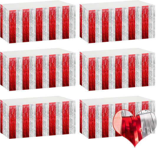 6 Pack 29x108 Inch Metallic Foil Fringe Table Skirts Banner for Tinsel Streamer Garland Curtains Backdrop for Parade Floats Wedding Circus Welcome Carnival Birthday Party Decorations(Red Silver)