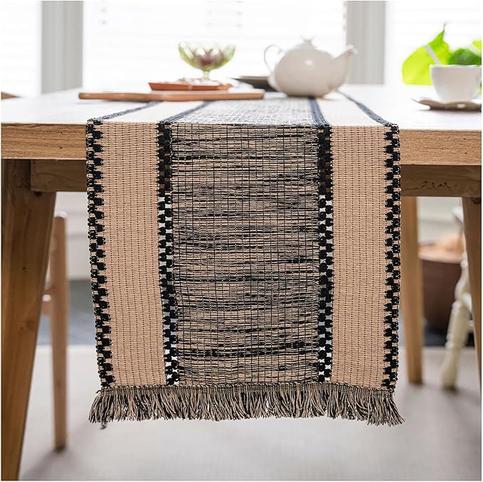 Natural Jute Table Runner, Burlap Style Table Runner, Rustic Farmhouse Table Runner Country Vintage for Wedding, Party Table Decorations, Boho Décor Black Hemp 14x55 inch TAB28
