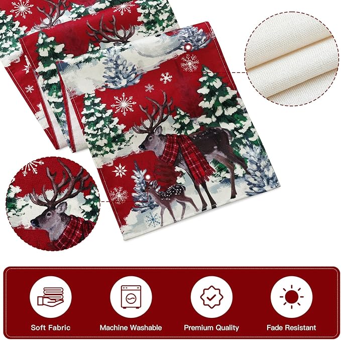 Artscope Reindeer Snowman Christmas Tree Table Runner, Xmas Winter Snowflakes Holiday Kitchen Dining Table Decoration for Christmas Home Party Decor 13x90 Inch-Red