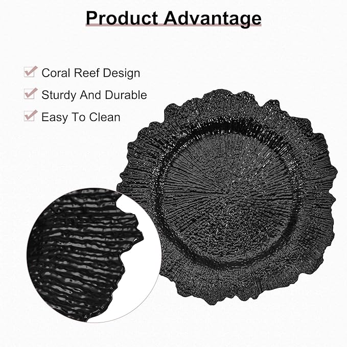 uxcell 10pcs Reef Charger Plates Bulk, 13 Inch Plastic Floral Charger Plates, Round Plate Chargers for Dinner Wedding Party Event Table Setting Decoration Black