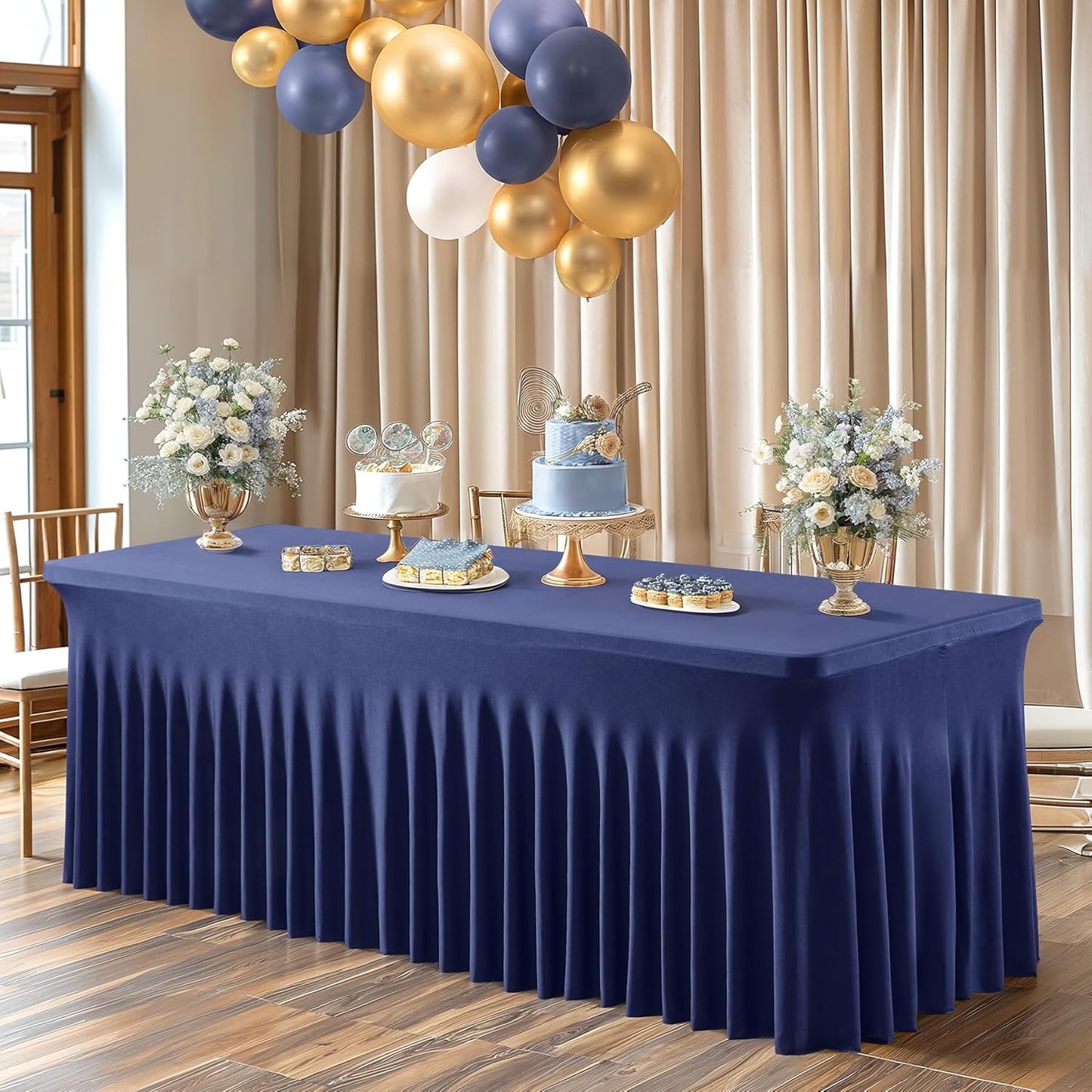 PARTISKY Navy Blue Spandex Tablecloth for 4ft Rectangle Tables, Stretchable Table Cover Skirt for Folding Tables Weddings Parties Banquets Events Trade Shows and Dessert Table