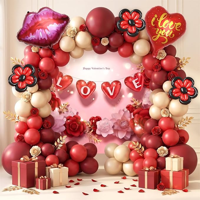 Valentines Day Party Decorations, Balloon Boxes with Letters/Backdrop/I Love You & Lip Foil Balloon/Long Balloons/Red and Rose Gold Balloons, Galentines Wedding Engagement Anniversary Decor