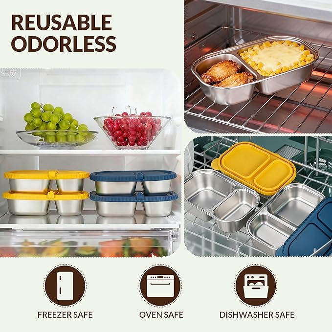 HI-REEKE 13 OZ Stainless Steel Snack Containers with Lids, 2 PCS Reusable Double Compartments Metal Snack Packs for Sauce