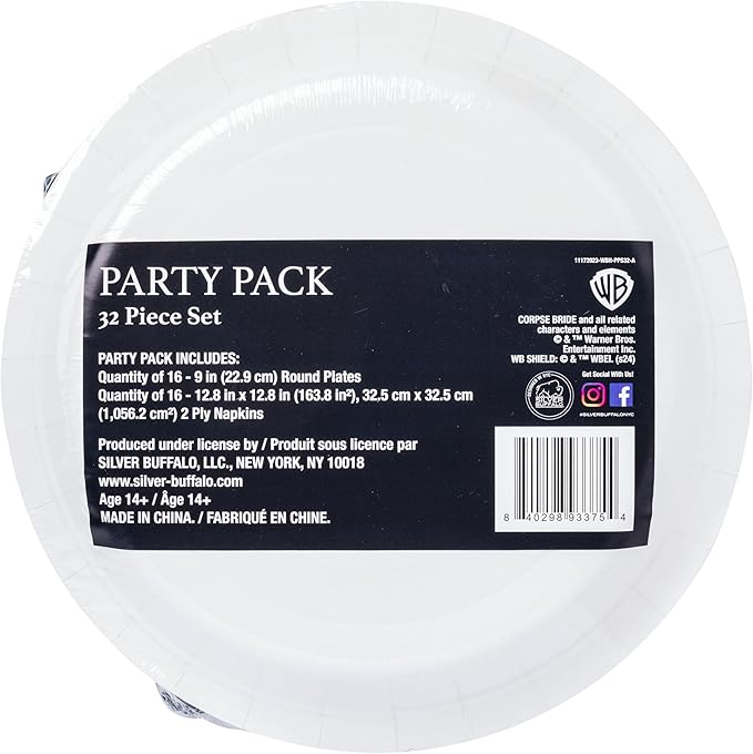 Silver Buffalo Tim Burton's Corpse Bride 32 Pack Partyware Disposable Paper Plates and Napkins