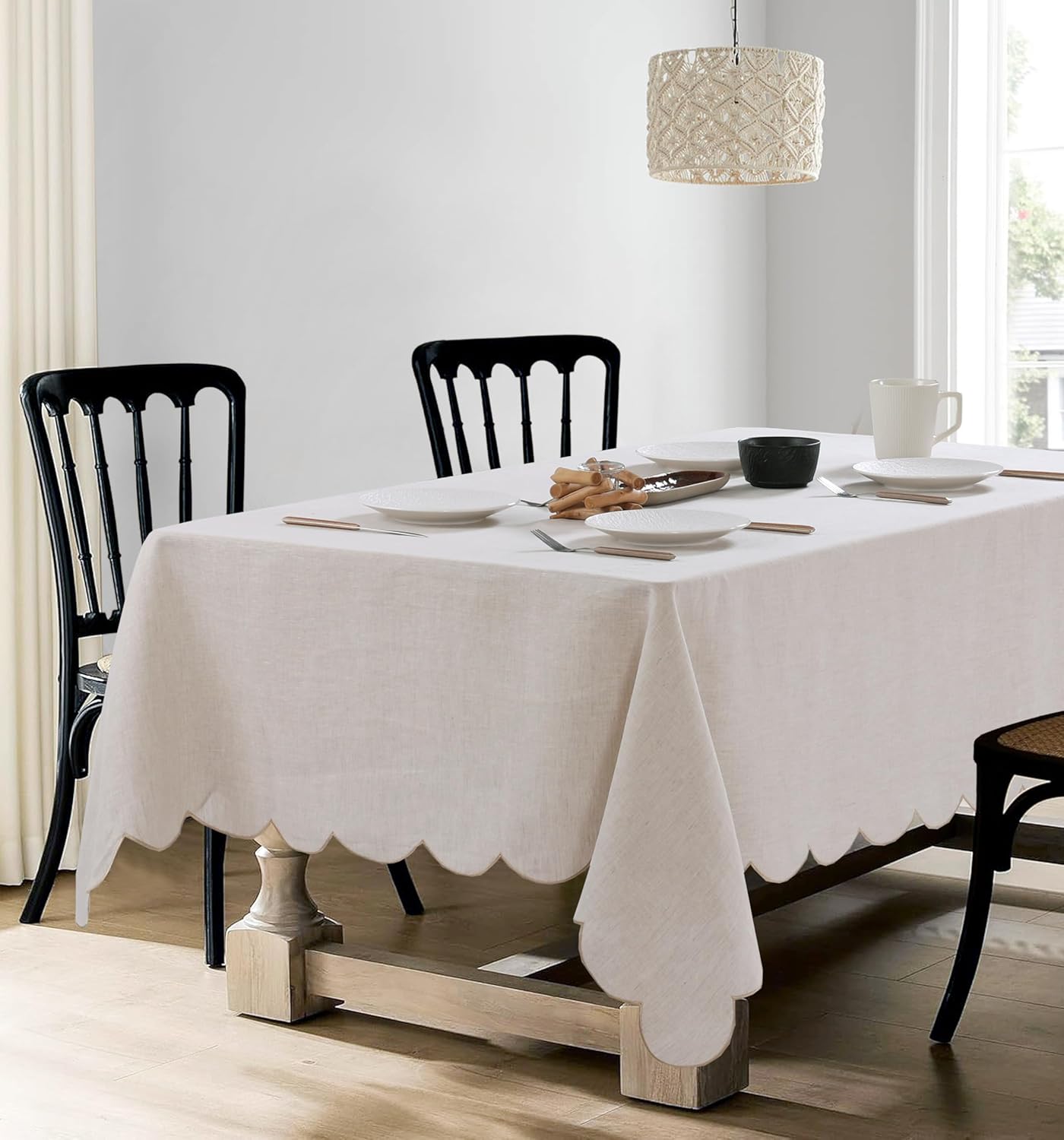 100% French Flax Linen Tablecloths Scalloped Embroidery Rectangle 144Lx60W Inch for Dinners, Spring, Machine Machine Washable, 12-14 Sets, Linen(Edges-Gold)